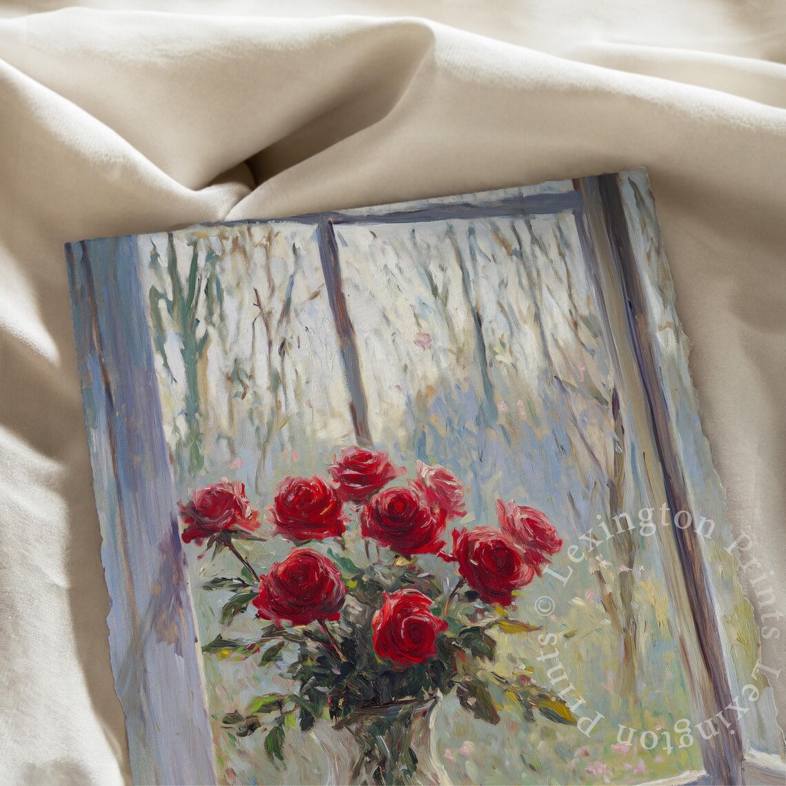 Red Roses in Glass Vase on Sunlit Windowsill Floral Still Life Print - Image 7