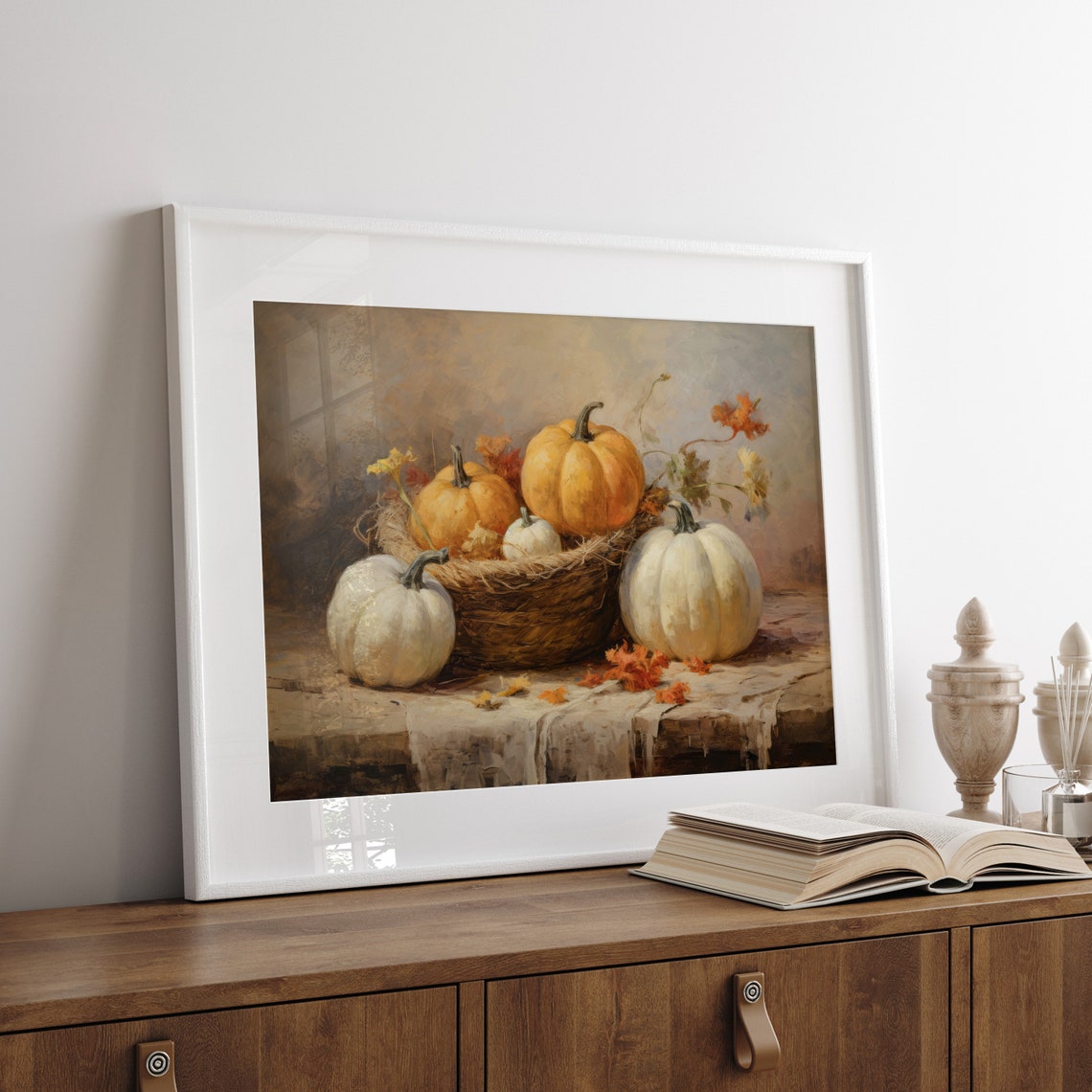 Cozy Rustic Pumpkin Harvest Basket Autumn Farmhouse Still Life Poster - Image 4