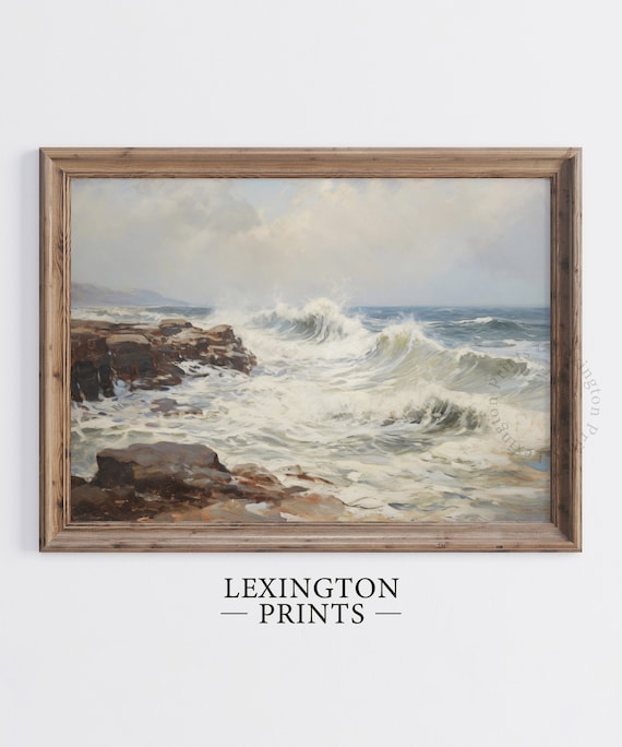Crashing Ocean Waves on Rocky Coastline Moody Seascape Wall Art