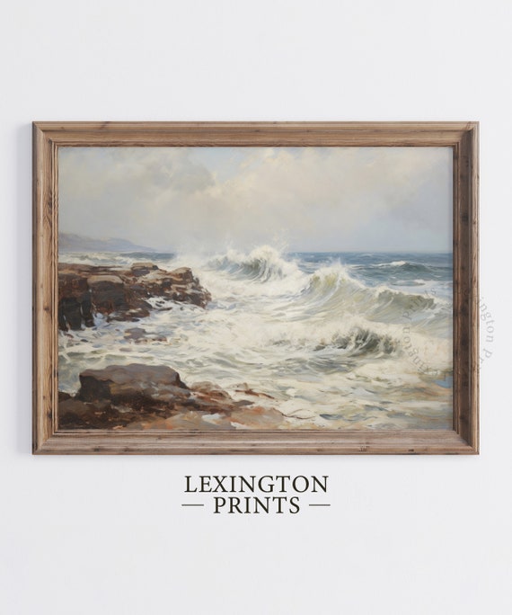 Moody Coastal Landscape Painting Vintage Coastal Print Beach Print Ocean Wall Art Dark Summer Print Oil Painting Vintage Art 680