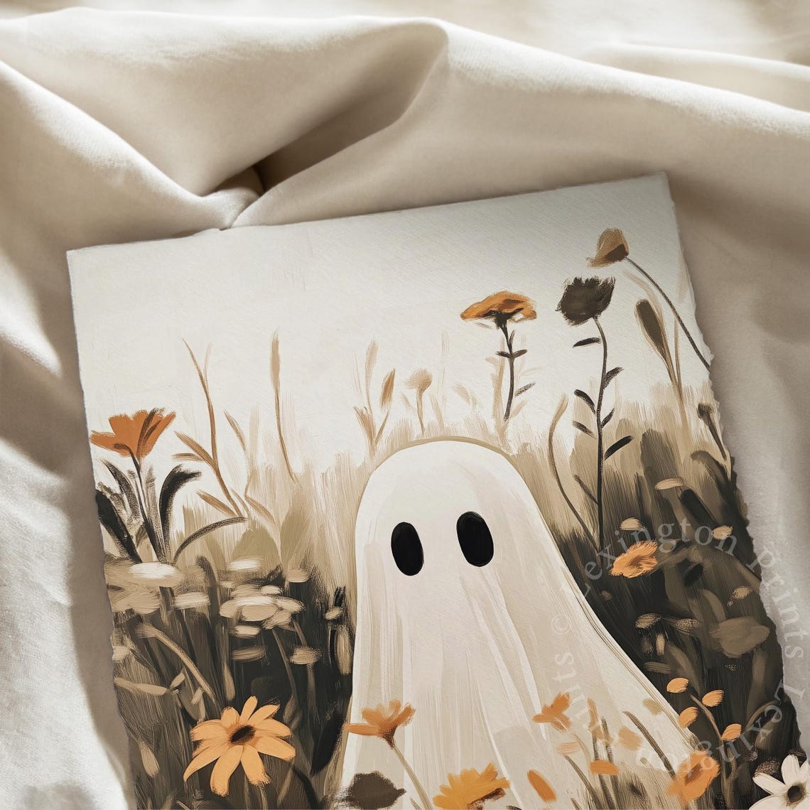 Cute Ghost Hiding in Autumn Wildflower Field Playful Halloween Poster - Image 7
