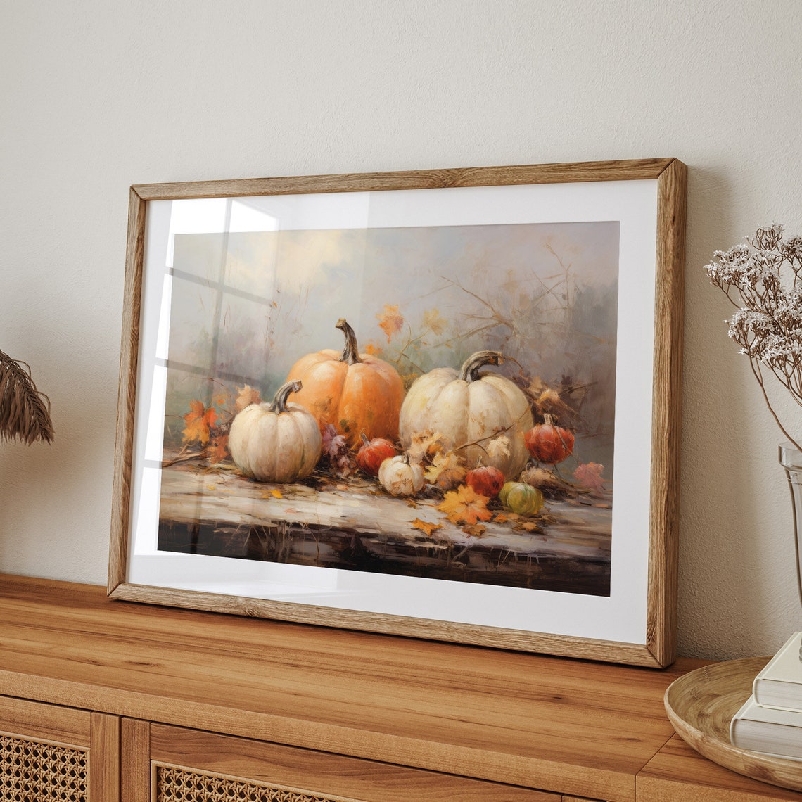 White and Orange Pumpkins Still Life on Wood Table Fall Poster - Image 4