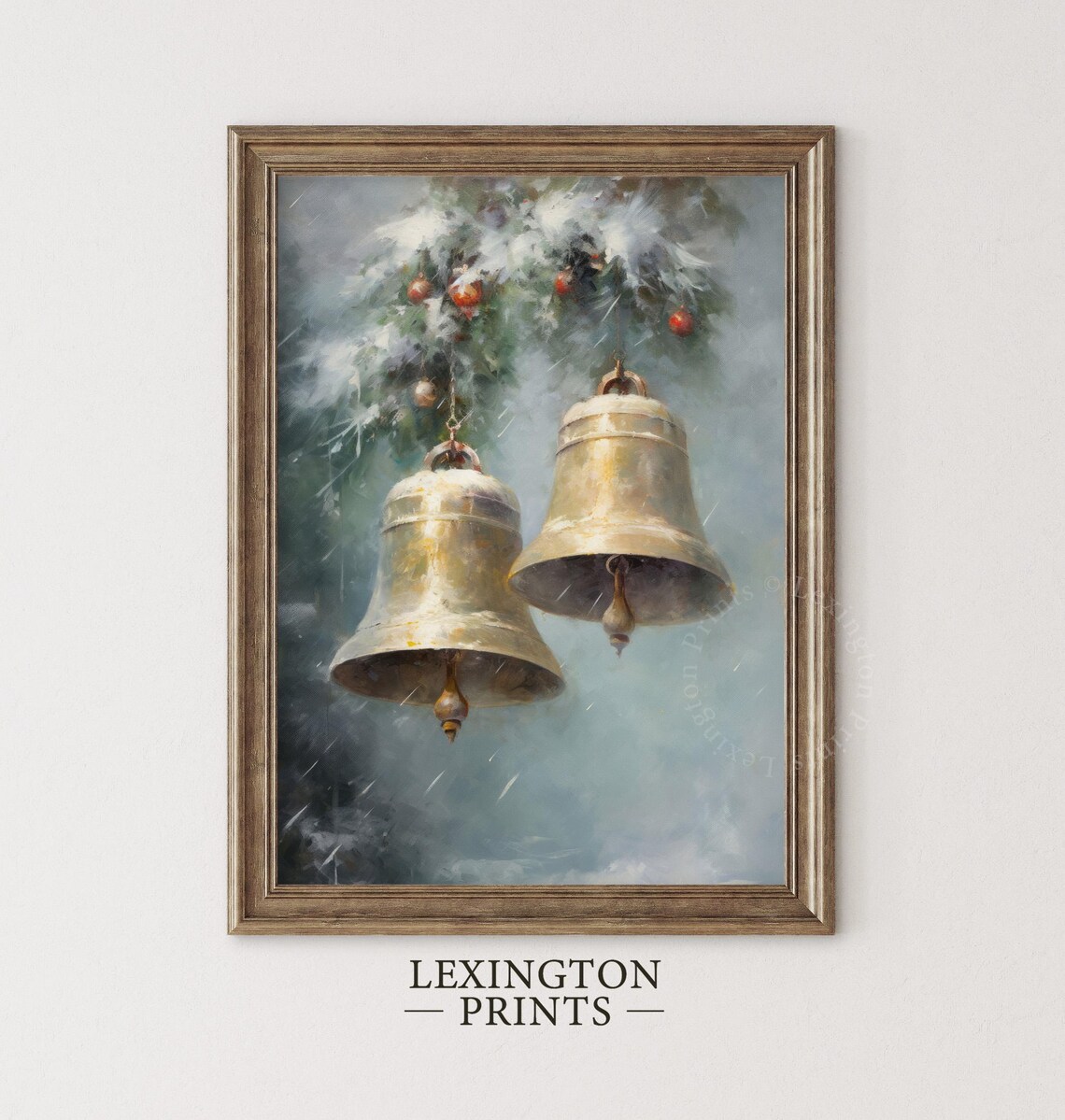 Large Brass Bells on Snowy Evergreen Bough Misty Winter Holiday Poster - Image 4