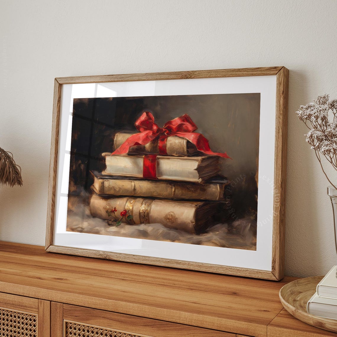 Christmas Book Stack Red Bow Vintage Holiday Still Life Poster - Image 8