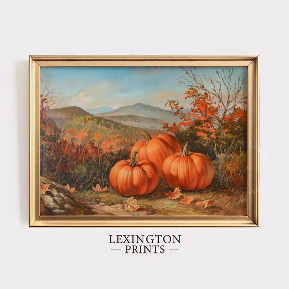 Pumpkin Field Fall Wall Art Vintage Fall Home Decor Pumpkin Print Fall Print Autumn Decor Moody Landscape Painting Cottage 778