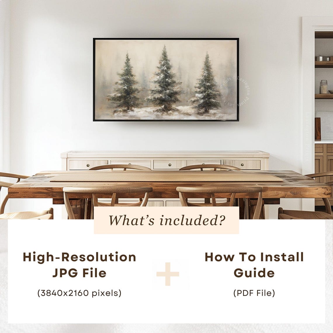 Three Snowy Evergreen Trees in Winter Fog Frame TV Art Poster - Image 4