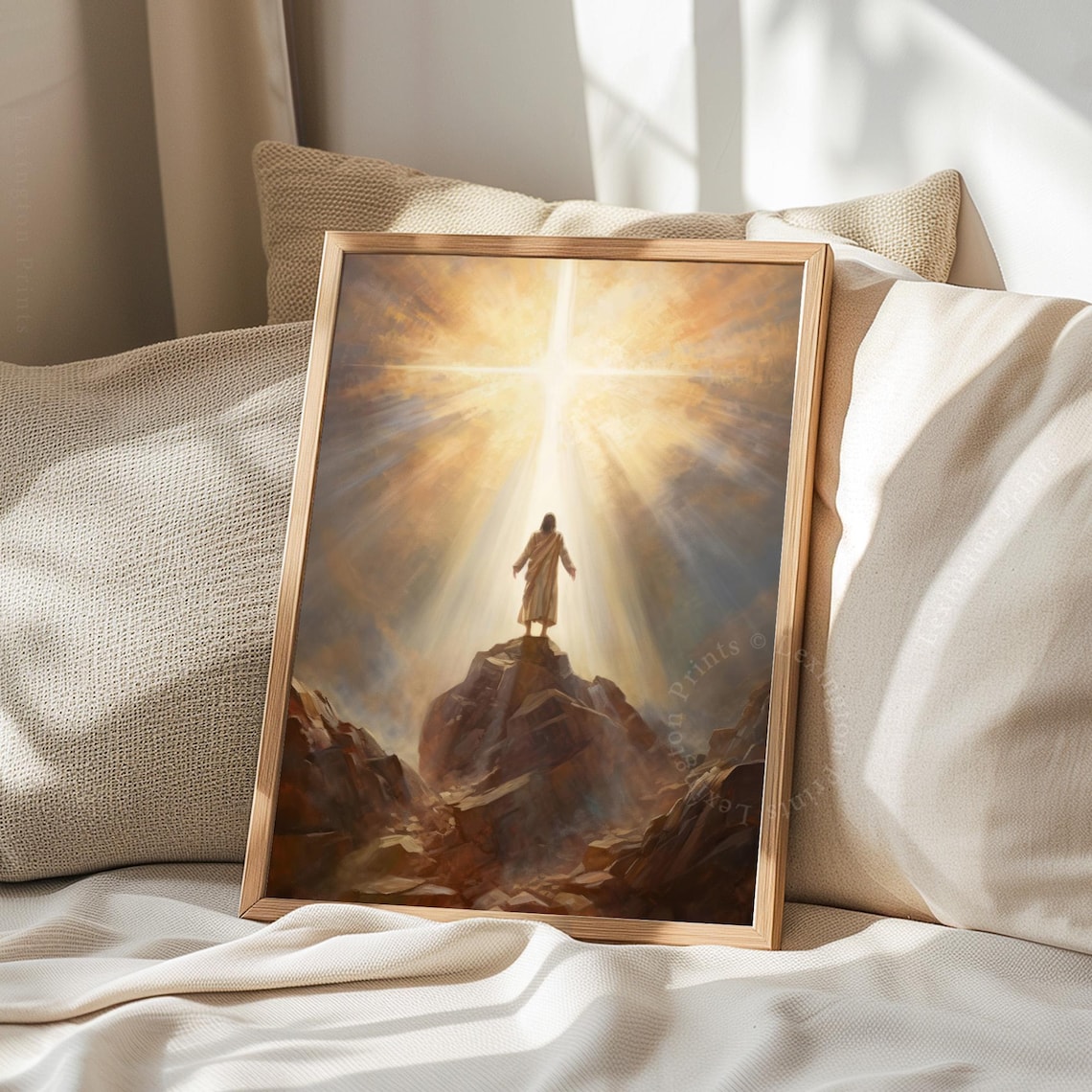 Jesus Christ Standing On Mountain Radiant Cross Golden Sky Christian Poster - Image 8