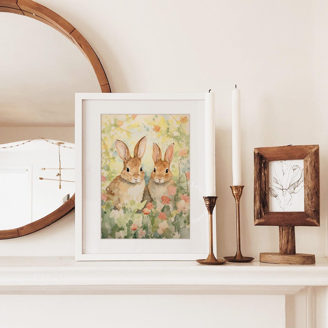 Two Bunnies in a Spring Garden Watercolor Bunny Rabbit Poster - Image 2