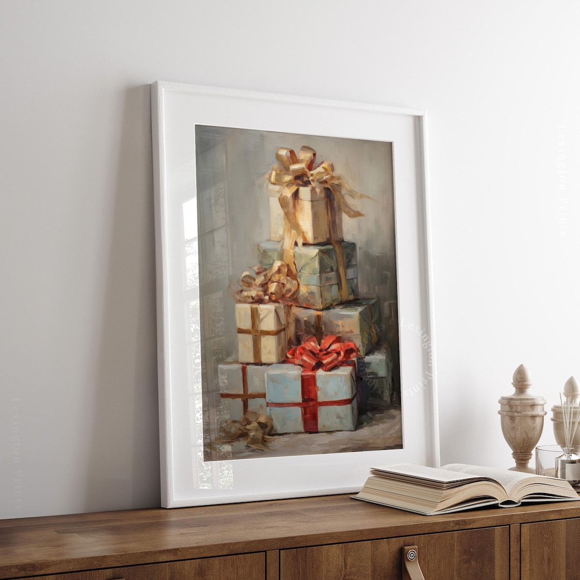Stack of Elegant Wrapped Gifts Gold Red Ribbons Neutral Holiday Poster - Image 3