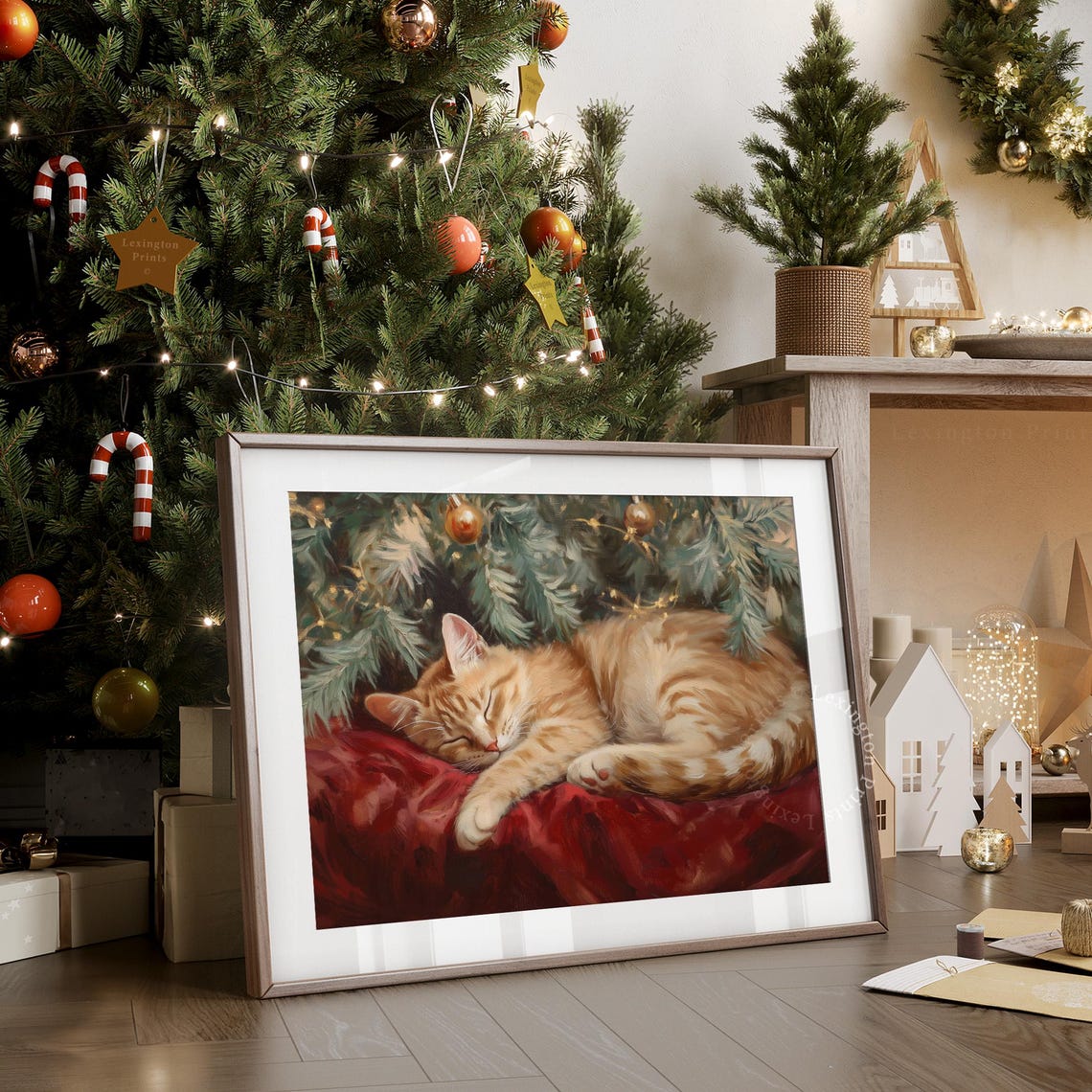 Orange Tabby Cat Sleeping Under Christmas Tree Cozy Holiday Pet Poster - Image 5