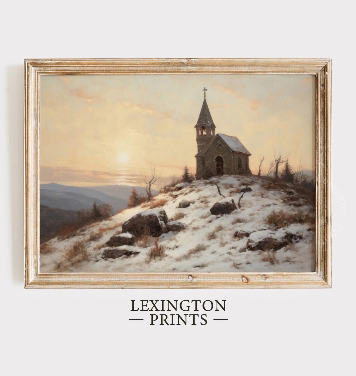 Stone Church on Snowy Hill Winter Sunset Landscape Painting Poster - Image 5