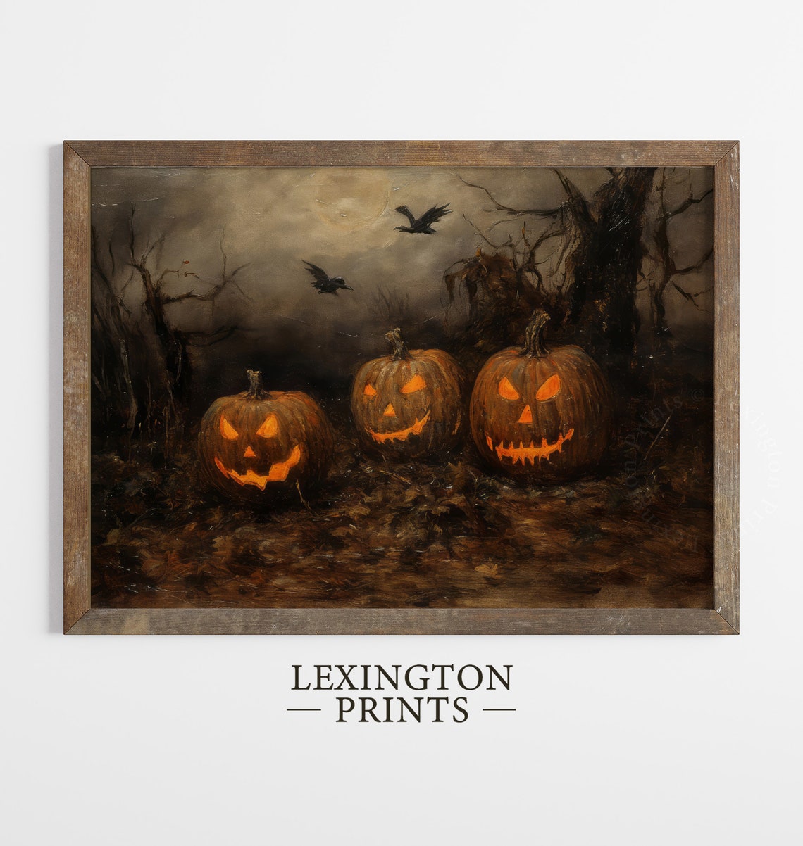Three Glowing Jack O Lanterns in Dark Haunted Woods Halloween Poster