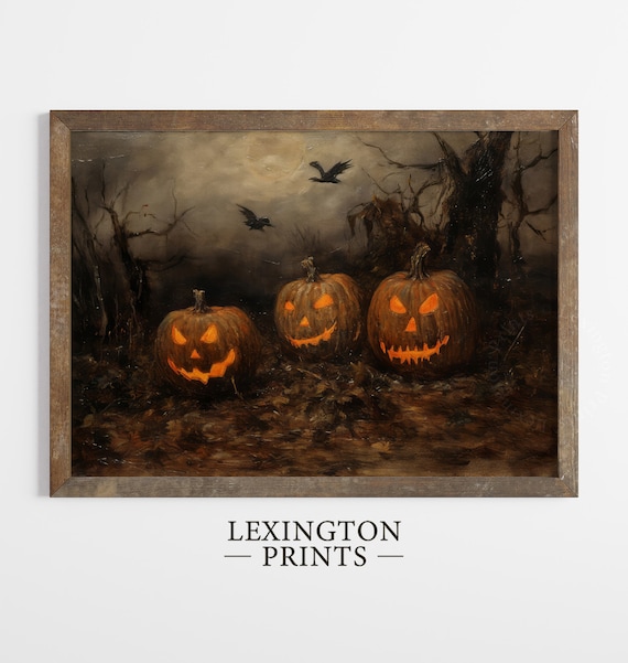 Three Glowing Jack O Lanterns in Dark Haunted Woods Halloween Poster