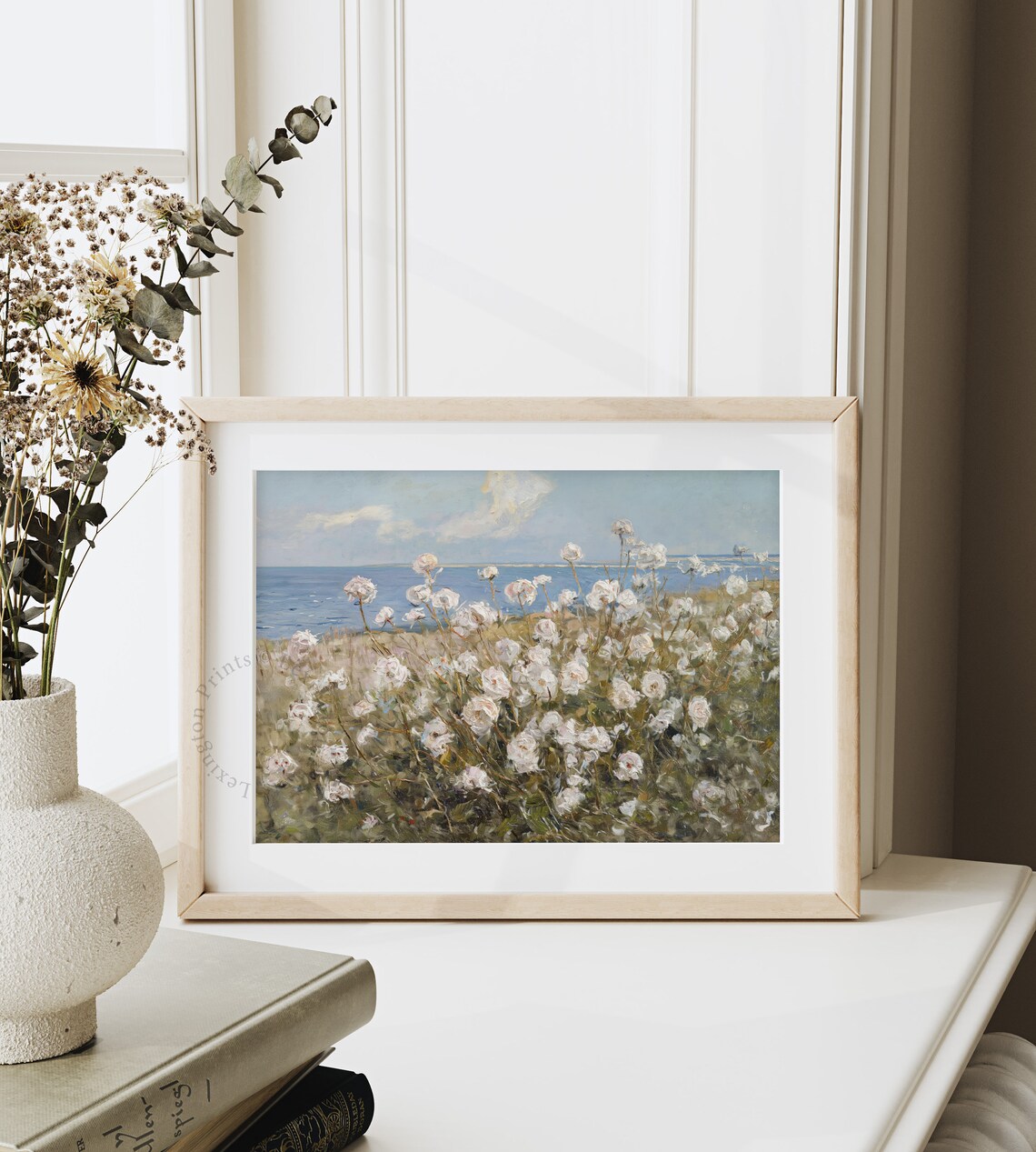 Coastal White Wildflowers Sea Horizon Summer Impressionist Painting Poster - Image 4