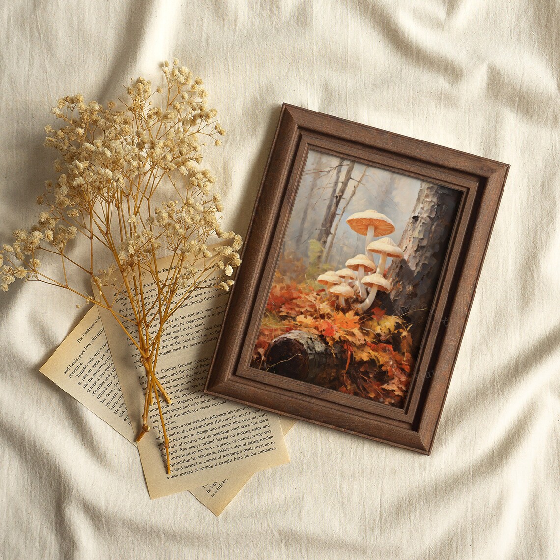 White Mushrooms by a Tree Trunk Autumn Leaves Woodland Poster - Image 4