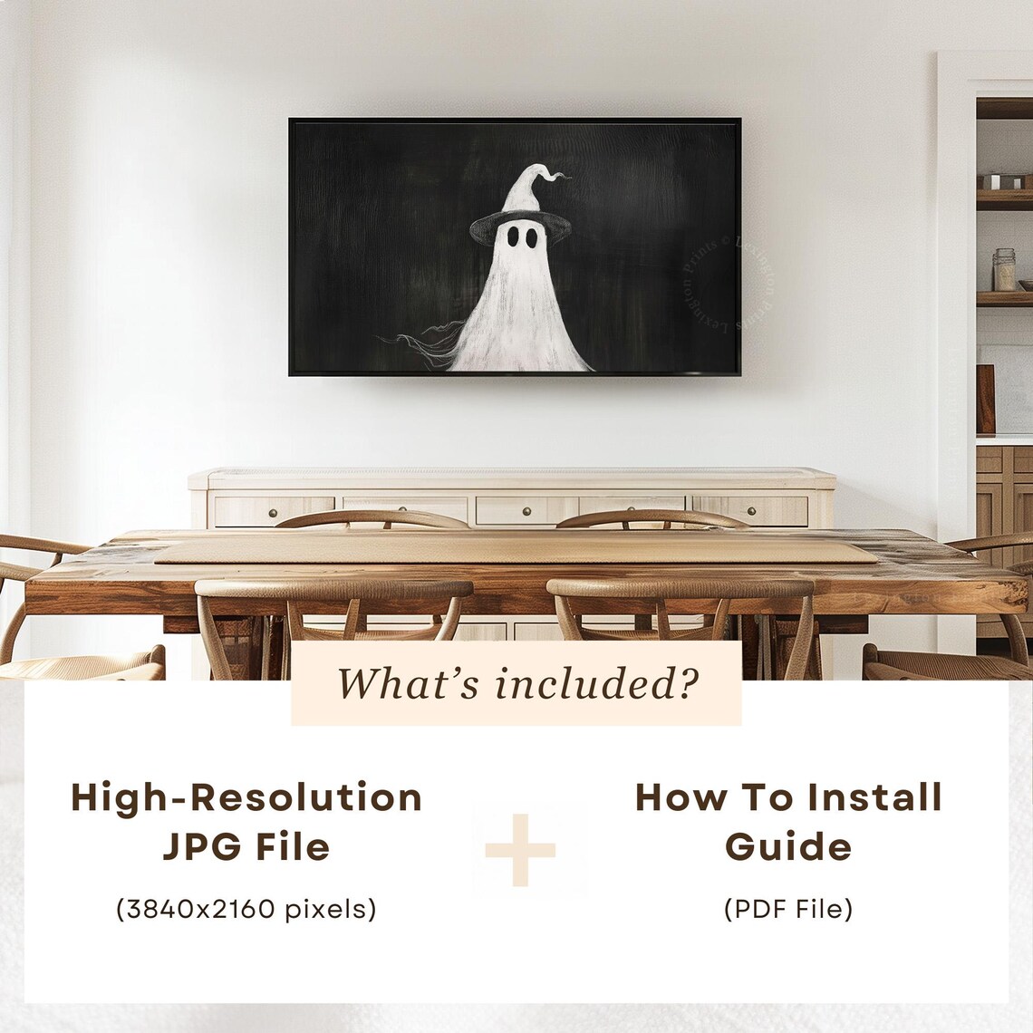 Cute Ghost Wearing Witch Hat Black Background Minimal Halloween Frame TV Art Poster - Image 6
