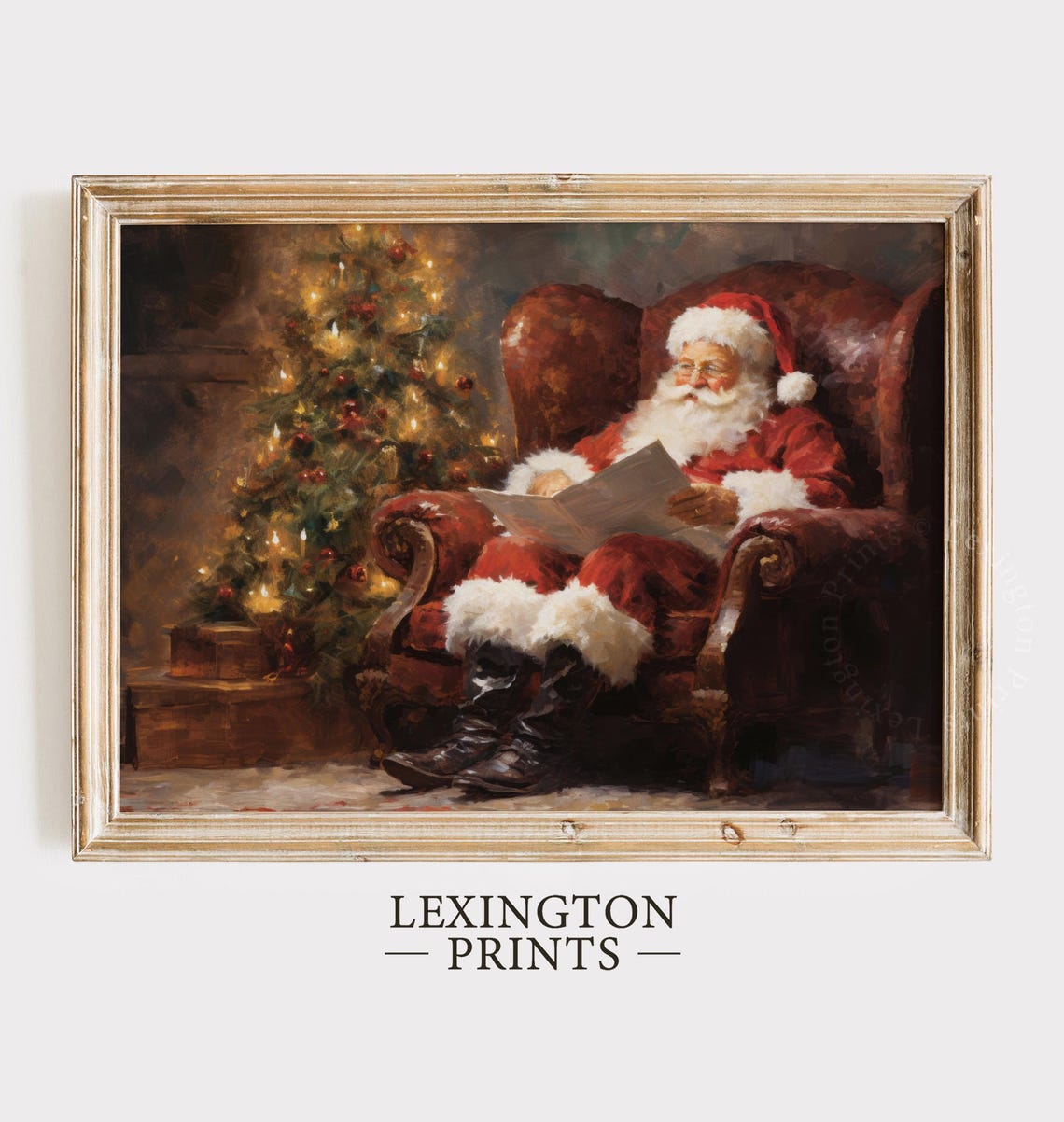 Santa Claus Reading Letter Armchair Christmas Tree Painting Poster