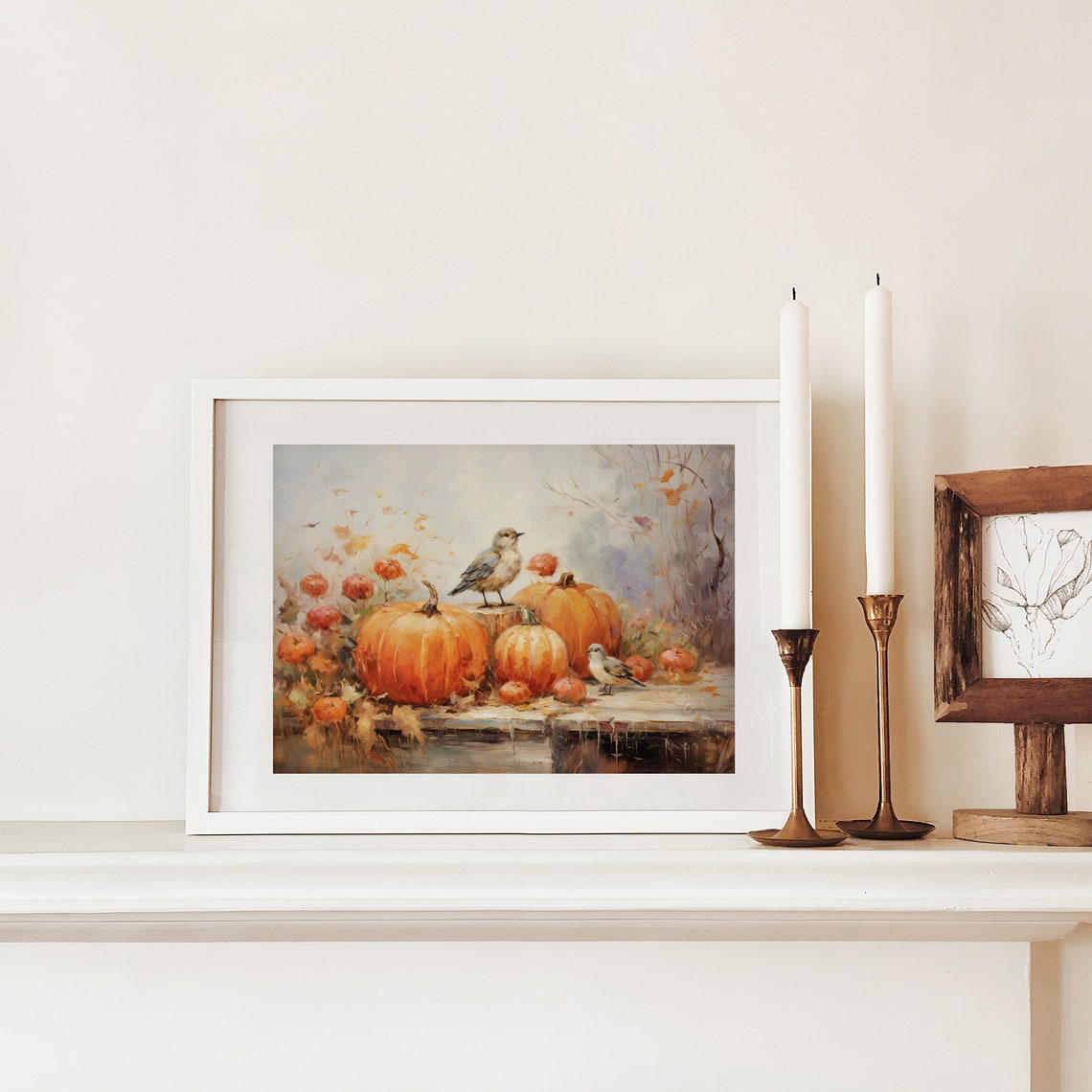 Pumpkins and Songbirds Autumn Still Life Oil Painting Fall Poster - Image 6