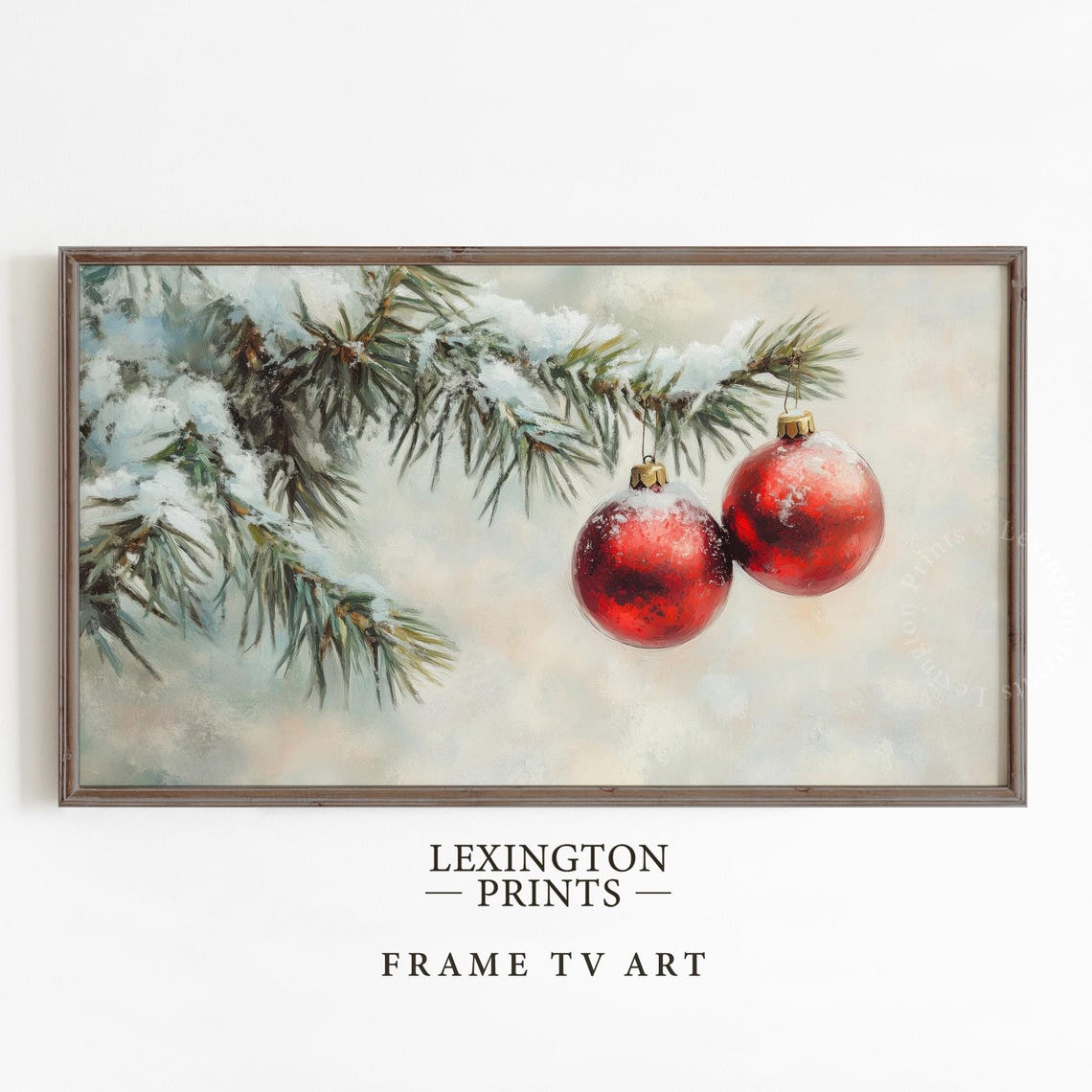 Red Christmas Ornaments Snowy Pine Branch Vintage Holiday TV Poster - Image 5