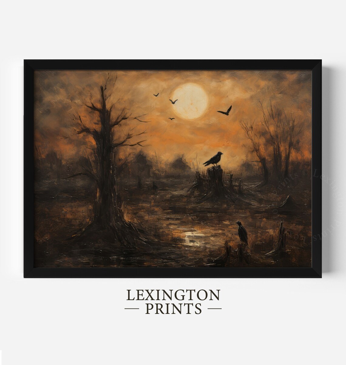 Raven On Tree Stump Full Moon Autumn Marsh Bats Gothic Halloween Poster - Image 8