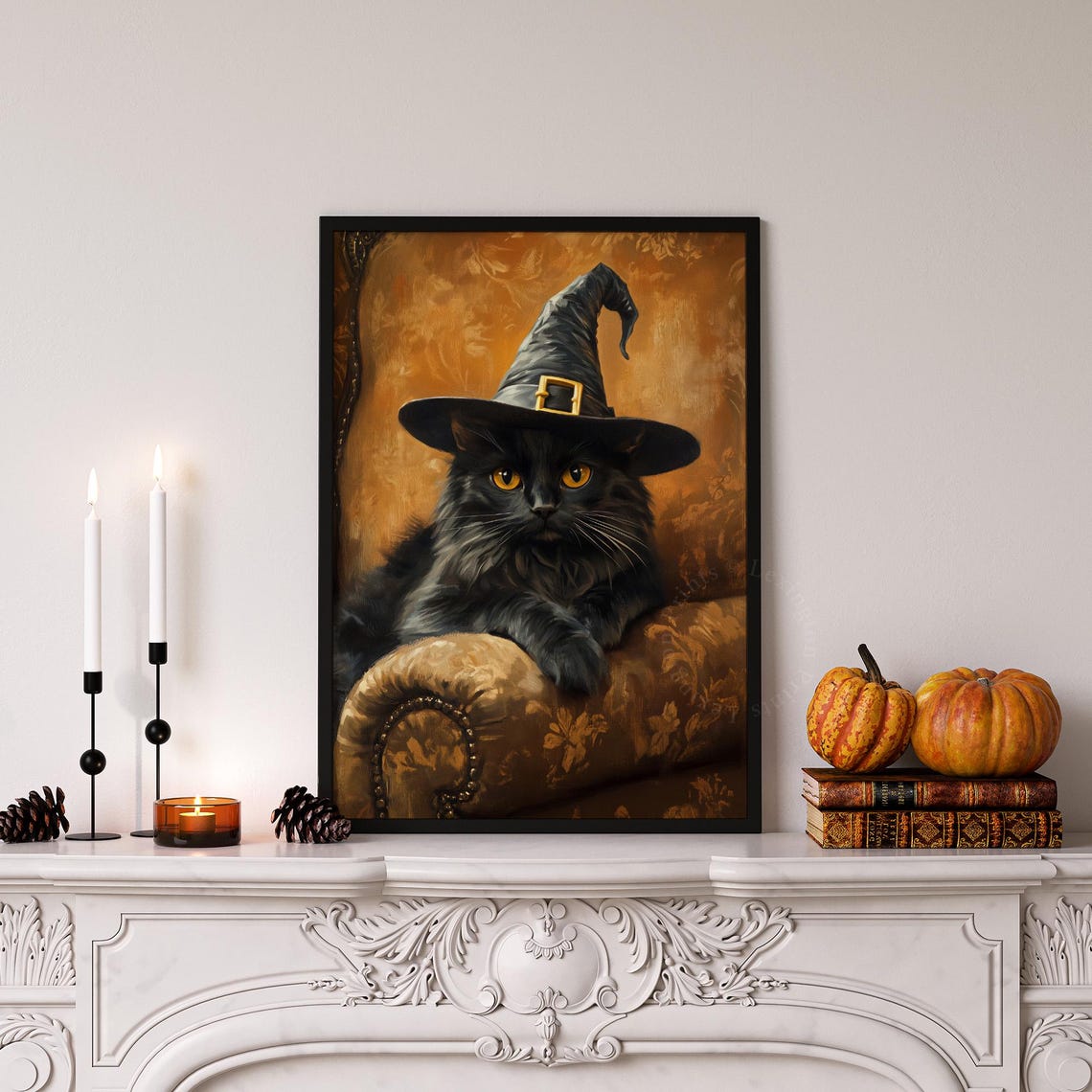Black Cat Wearing Witch Hat on Velvet Chair Halloween Vintage Wall Art - Image 8