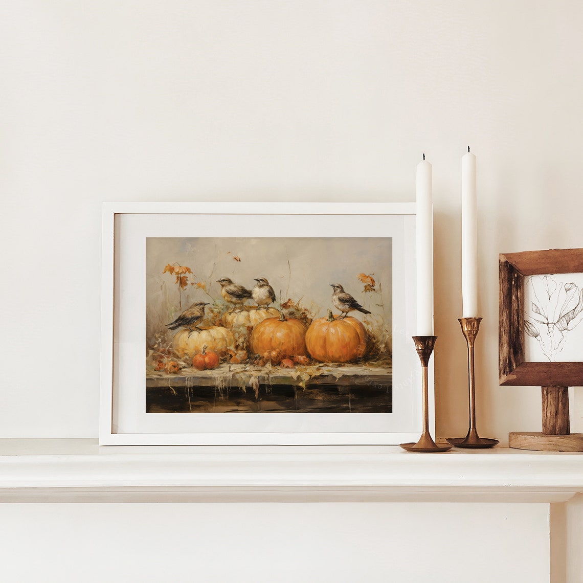 Birds Perched on Pumpkins on Wooden Table Autumn Bird Poster - Image 7