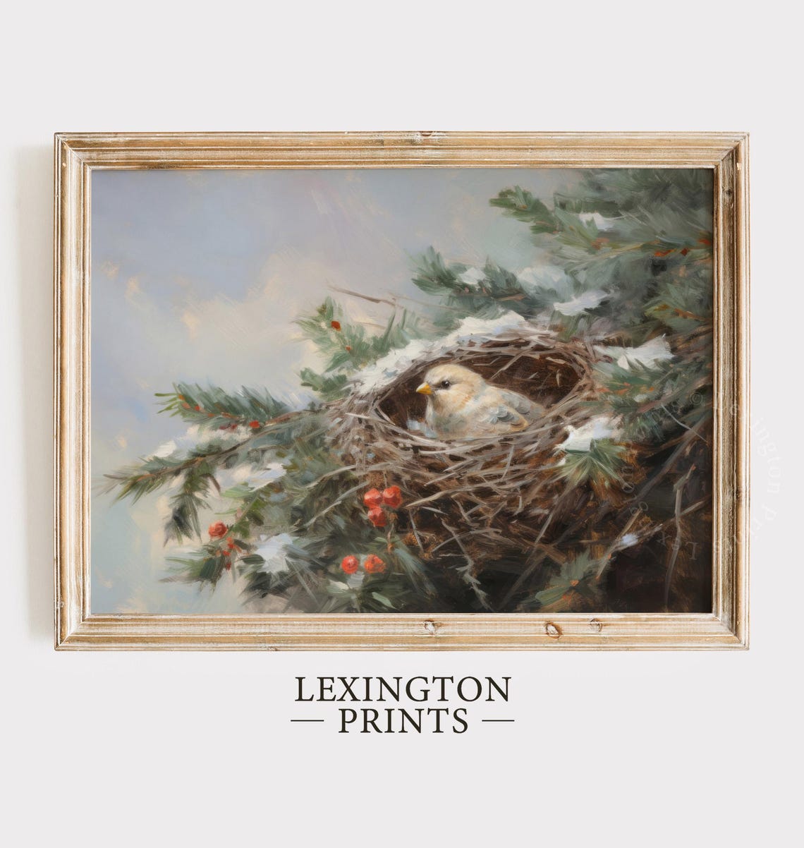 Tiny Cream Bird Resting In Snowy Pine Nest With Red Berries Poster - Image 6