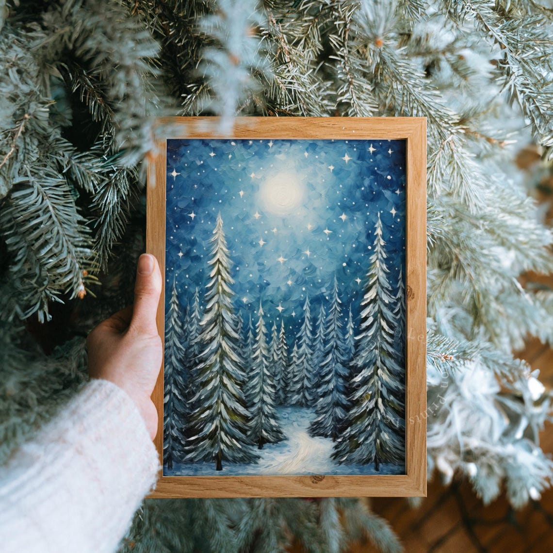 Starry Night Winter Forest with Snowy Pines Christmas Moon Wall Art - Image 8