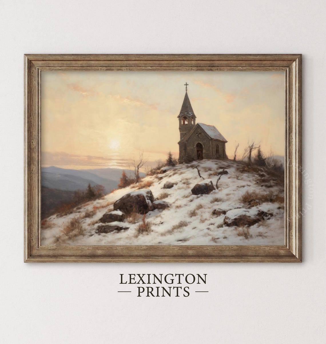 Rustic Winter Landscape Painting Mountain Wall Art Church Painting Landscape Painting Vintage Christmas Wall Art Christian Art Print Art 234