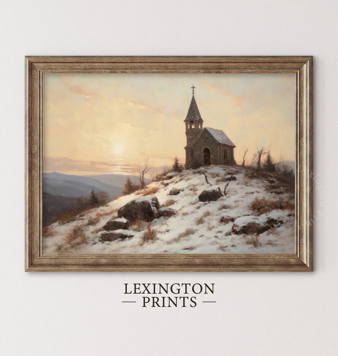 Stone Church on Snowy Hill Winter Sunset Landscape Painting Poster
