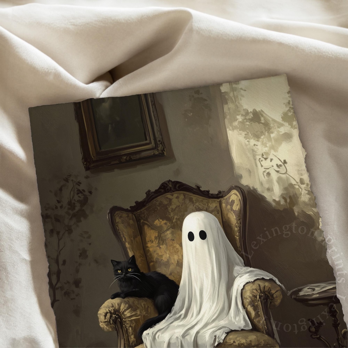 Ghost Sitting in Antique Armchair with Black Cat Moody Halloween Poster - Image 7