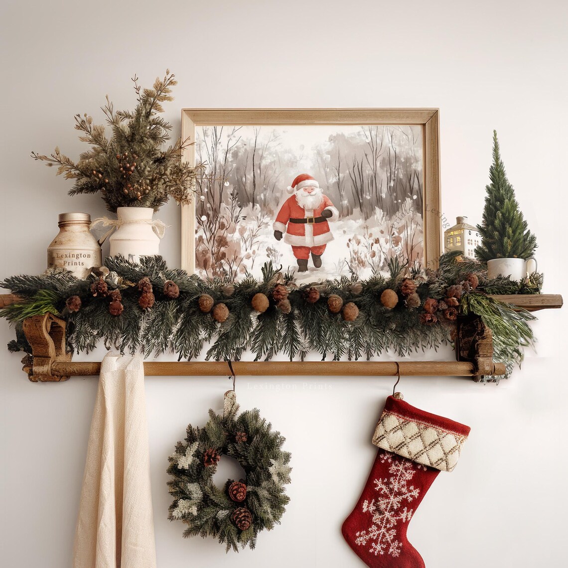 Santa Claus Walking Through Snowy Forest Christmas Vintage Wall Art - Image 3