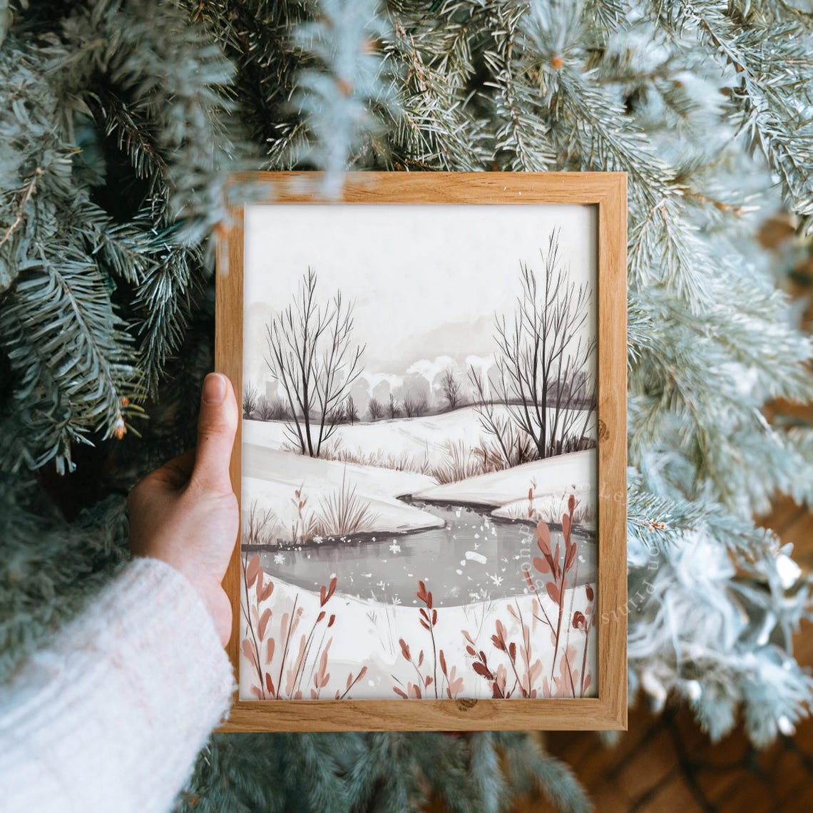Snowy Winter Stream Bare Trees Watercolor Landscape Painting Poster - Image 8