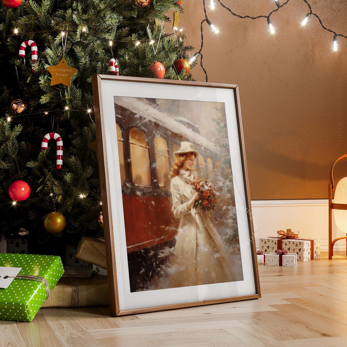 Vintage Christmas Print Woman Winter Oil Painting Christmas Decor Vintage 1950s Christmas Wall Art City Train Art Holiday Winter Print 307 - Image 3