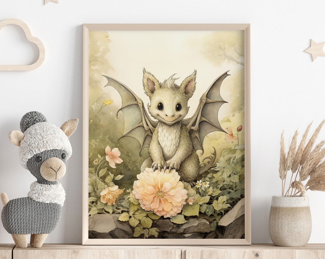 Sweet Baby Dragon Among Flowers Fairytale Nursery Watercolor Wall Art