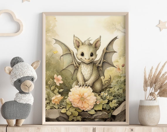 Cute Baby Dragon Nursery Wall Art Fairy Tale Kids Room Whimsical Fairytale Decor Illustration