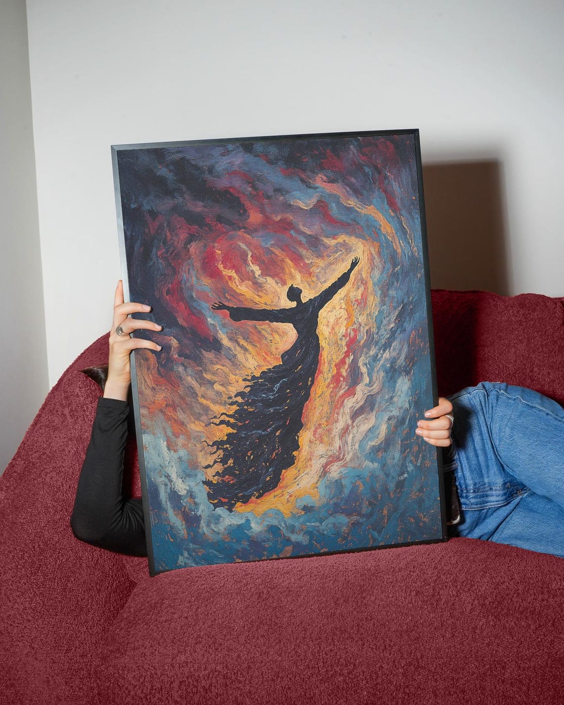 Fiery Silhouette Figure Swirling Red Blue Dramatic Wall Poster