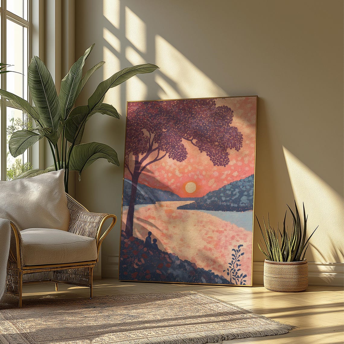 Romantic Sunset River Valley Art Print Couple Under Tree Dotted - Image 2