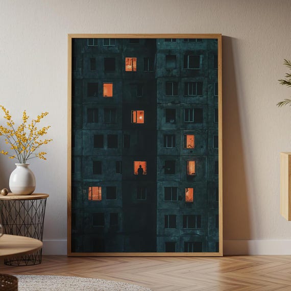 Silhouette In Window Art Print Urban Night Scene Moody Apartment Building Poster