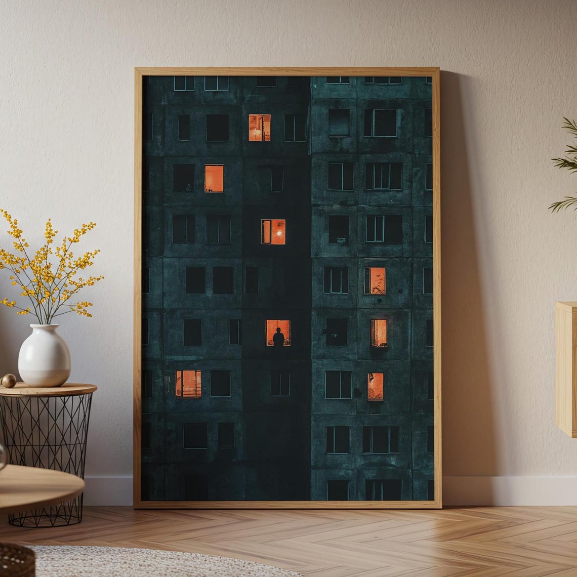 Silhouette Figure Glowing Orange Windows Night Apartment Urban Poster