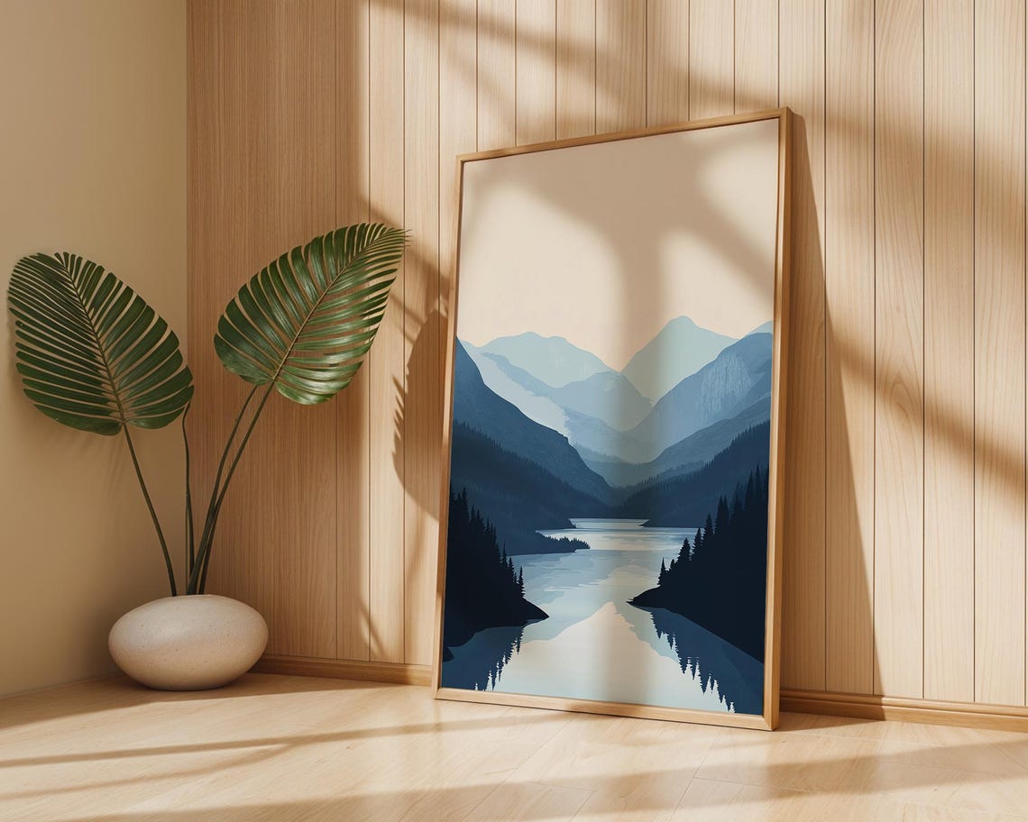 Minimalist Mountain Art Print Serene Landscape Wall Nature Reflection Poster Modern Blue Scenery Decor - Image 3