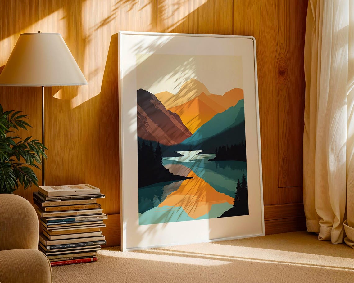 Geometric Mountain Lake Sunset Bold Color Block Modern Poster - Image 3
