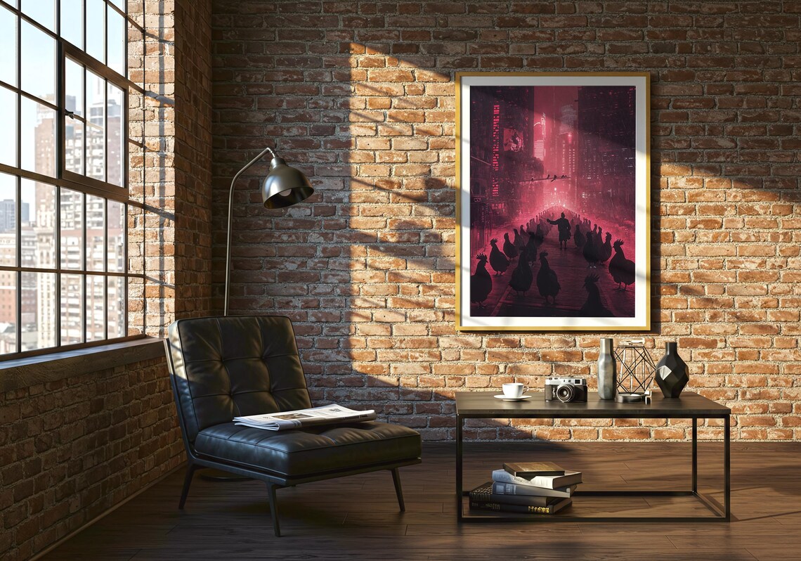 Urban Noir Rooster Parade Dark Red Cyberpunk Street Surreal Poster - Image 2