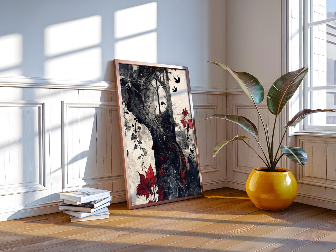 Gothic Window Dark Vine Art Print Red Flower Grunge Botanical - Image 3