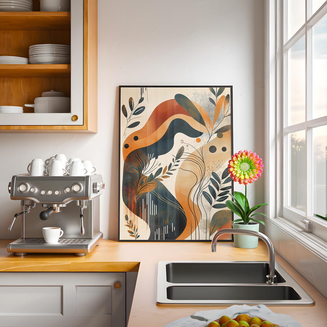 Mid Century Wavy Organic Abstract Art Print Rust Orange Navy - Image 2