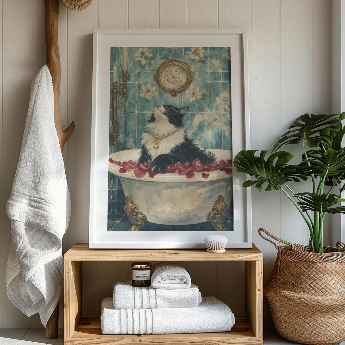 Elegant Cat Bathtub Rose Petals Vintage Funny Bathroom Poster - Image 2