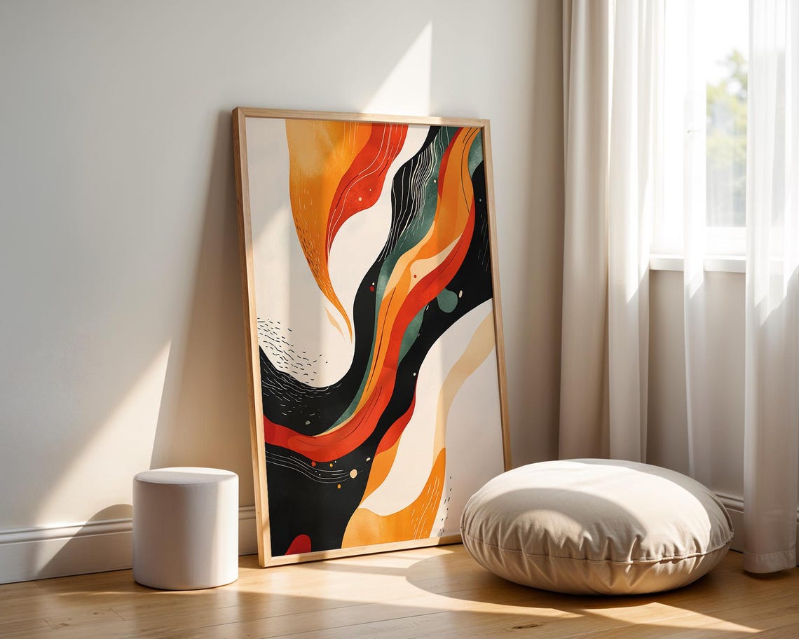 Modern Abstract Flow Warm Orange Ribbons Black Cream Boho Art Poster - Image 2