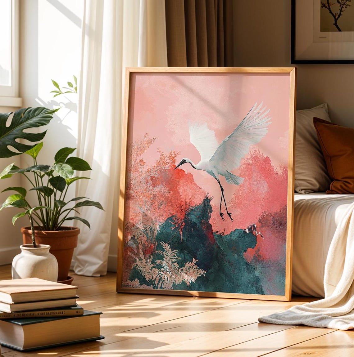 White Crane Flight Pink Watercolor Elegant Bird Art Wall Poster