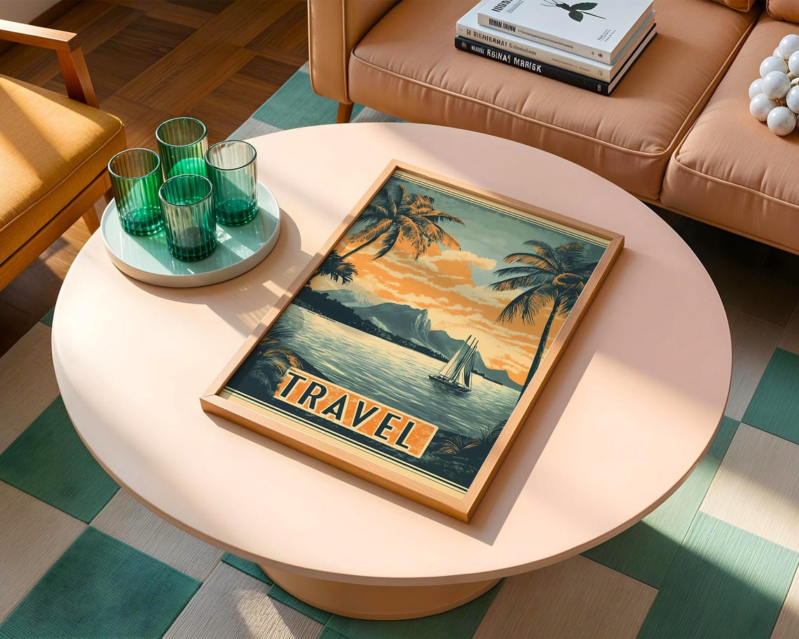 Vintage Travel Tropical Paradise Sunset Sailboat Coastal Art Poster - Image 5