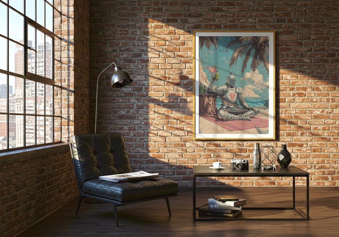 Knight in Full Armor Relaxing on a Tropical Beach with a Drink Poster - Image 2